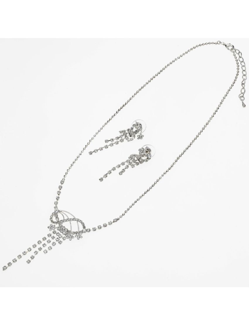 Σετ Μεταλλικό Κολιέ με Σκουλαρίκια – Αλυσίδα και Περίτεχνο Λουλούδι Διακοσμημένο με Στράς