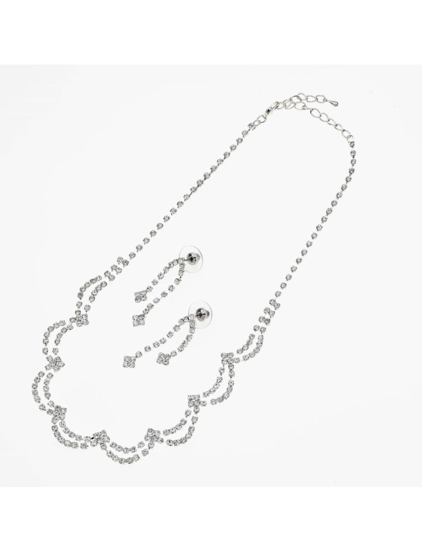 Σετ Κολιέ και Σκουλαρίκια Vintage σε Ασημί Χρώμα με Λευκά Στράς