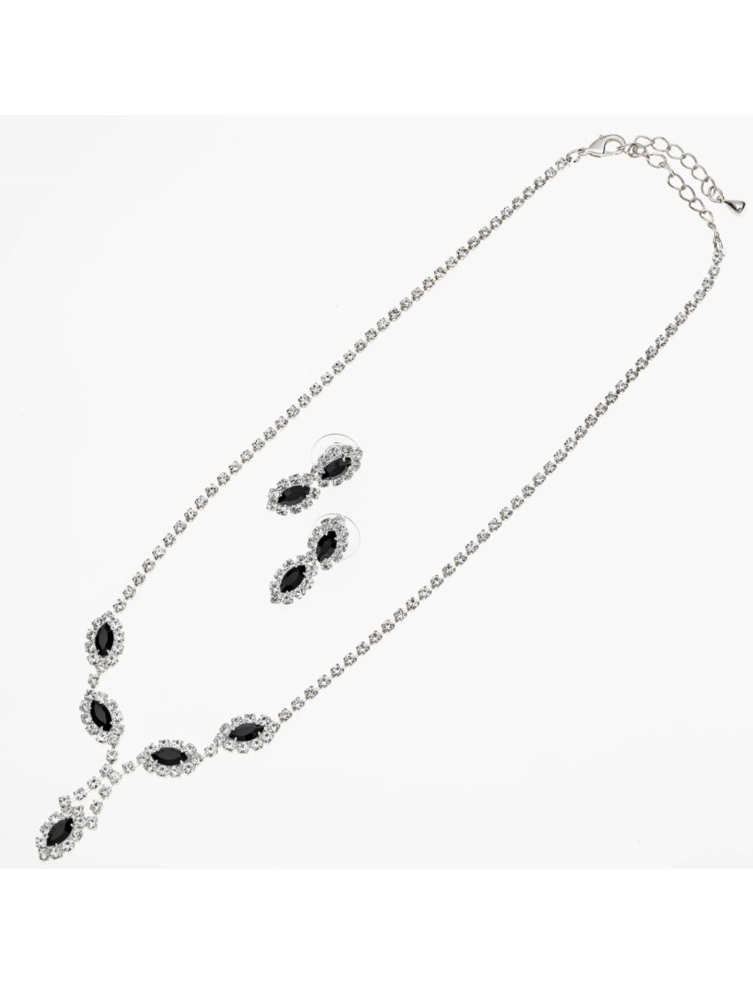 Vintage Σετ Σκουλαρίκια και Κολιέ σε Ασημί Χρώμα με Λευκά Στράς και Κρύσταλλα