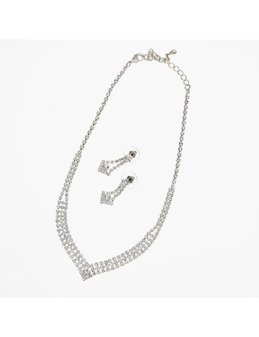 Σετ Σκουλαρίκια και Κολιέ Μεταλλικό σε Ασημί Χρώμα – Vintage και Εντυπωσιακό Σχέδιο V με Στράς