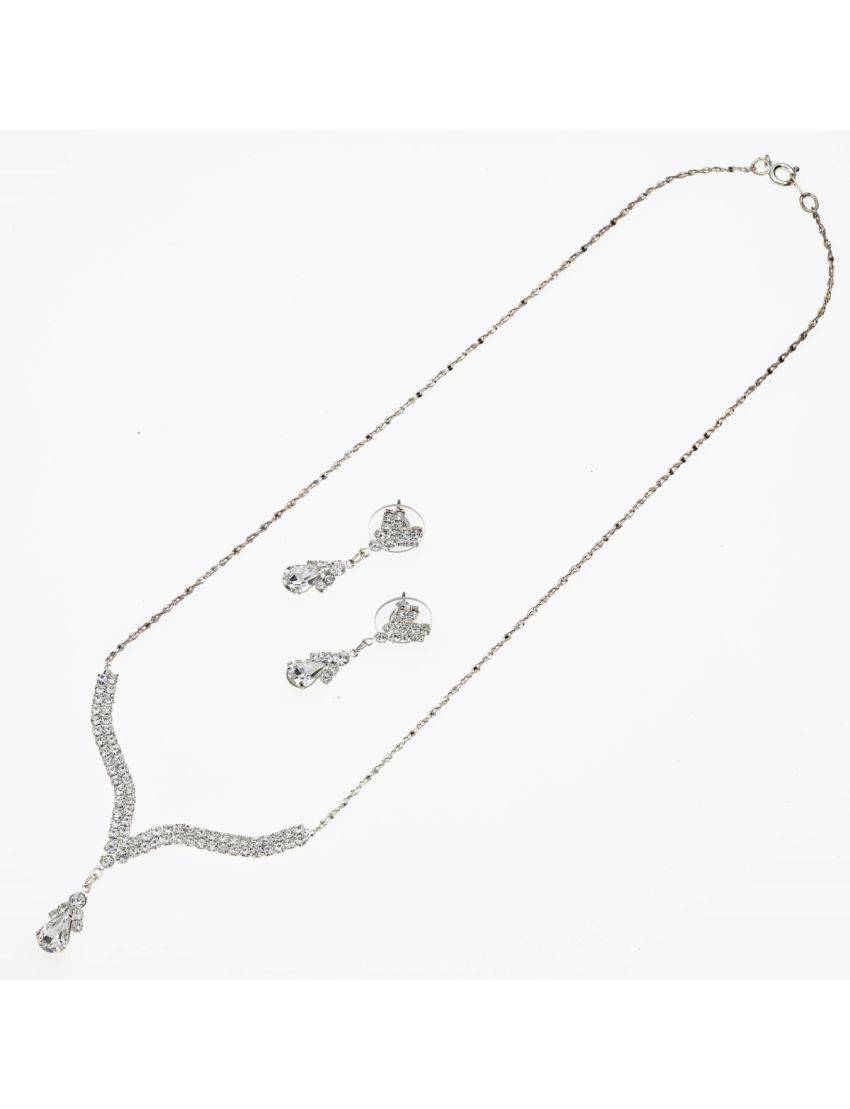 Σετ Μεταλλικό σε Ασημί Χρώμα – Σκουλαρίκια και Κολιέ με Αλυσίδα, Στράς και Swarovski