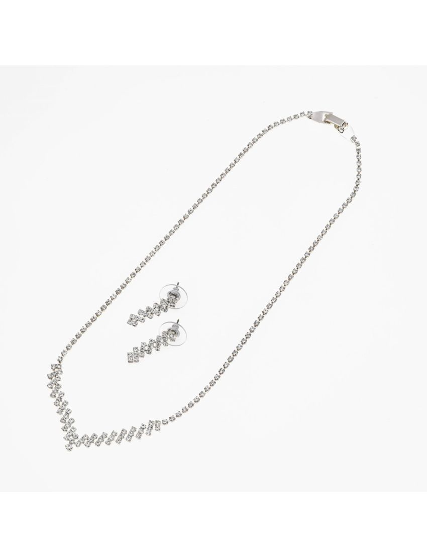 Σετ Σκουλαρίκια και Κολιέ – Μεταλλικό σε Ασημί Χρώμα με Στράς και Σχέδιο V