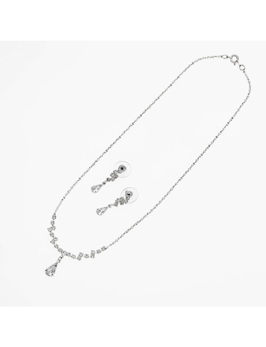 Σετ Μεταλλικό Αλυσίδα – Σκουλαρίκια και Κολιέ σε Ασημί Χρώμα με Λευκά Στράς και Κρύσταλλα