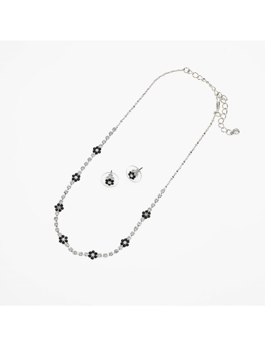Σετ Σκουλαρίκια & Κολιέ Μεταλλικά σε Ασημί Χρώμα με Σχέδιο Μαργαρίτα Διακοσμημένα με Λευκά και Μαύρα Στράς
