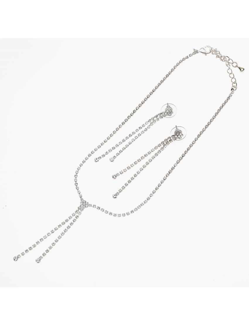 Σετ Μεταλλικό Κολιέ και Μακριά Σκουλαρίκια σε Ασημί Χρώμα διακοσμημένα με Στράς