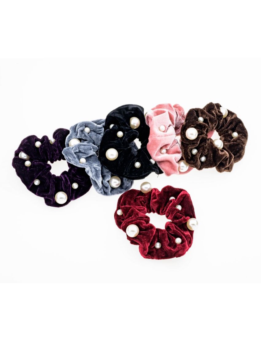 Σούρα υφασμάτινη βελούδο σε 6 χρώματα διακοσμημένη με λευκές πέρλες