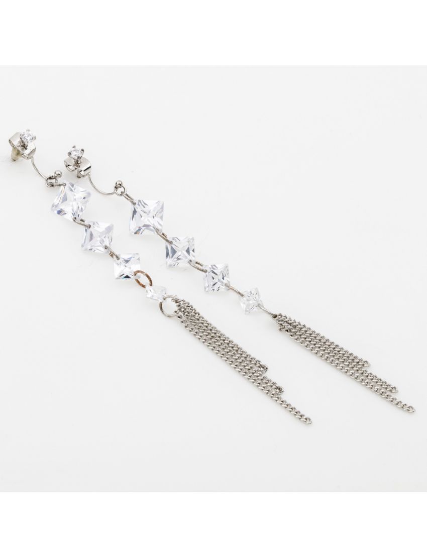 Σκουλαρίκια μεταλλικά κρεμαστά με ζιργκόν  τετράγωνα και αλυσίδες