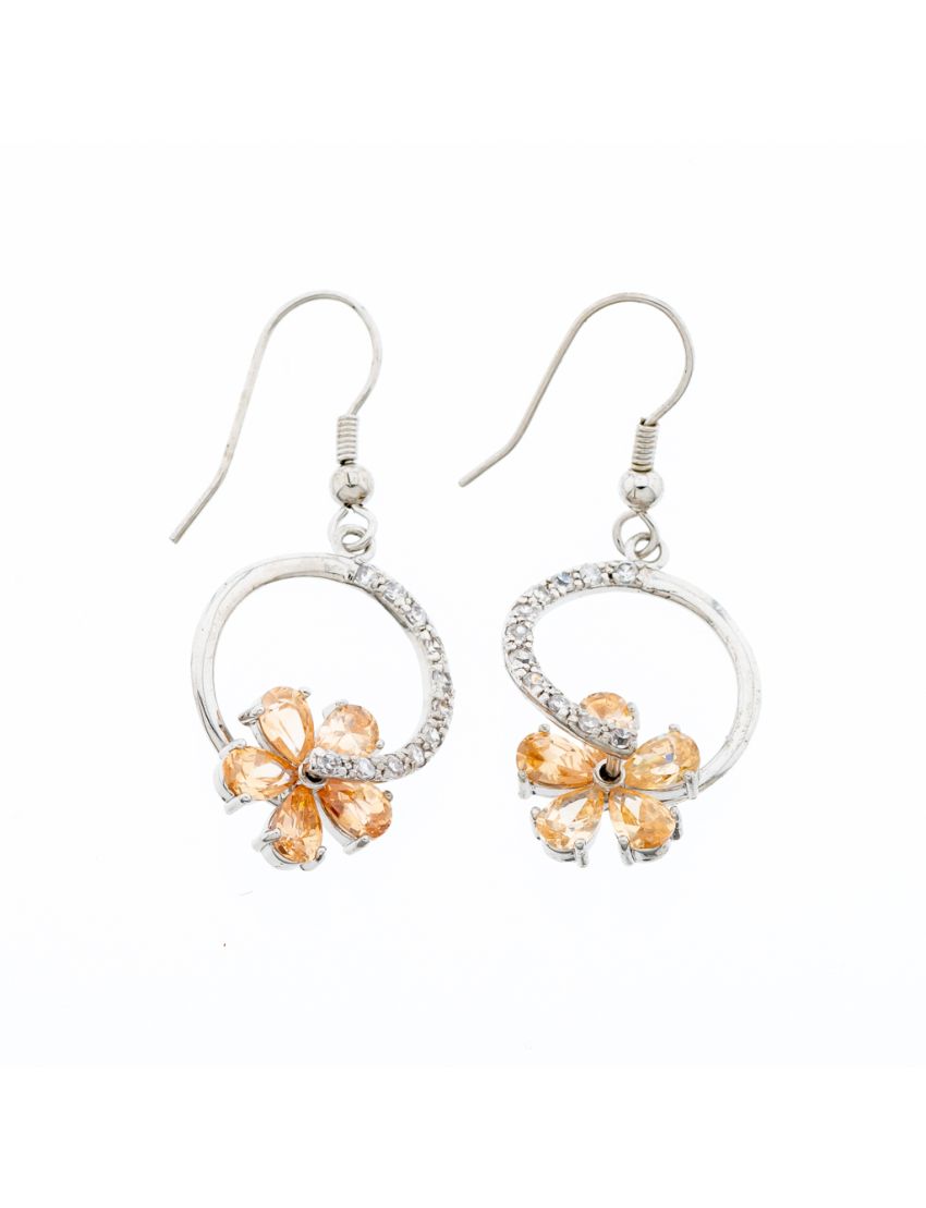 Σκουλαρίκια μεταλλικό κλαδί με στράς και λουλούδι από ζιργκόν