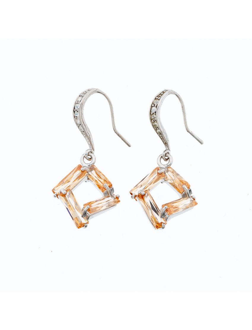 Σκουλαρίκια μεταλλικά ασημί με τετράγωνο περίτεχνο σχέδιο διακοσμημένα με ζιργκόν