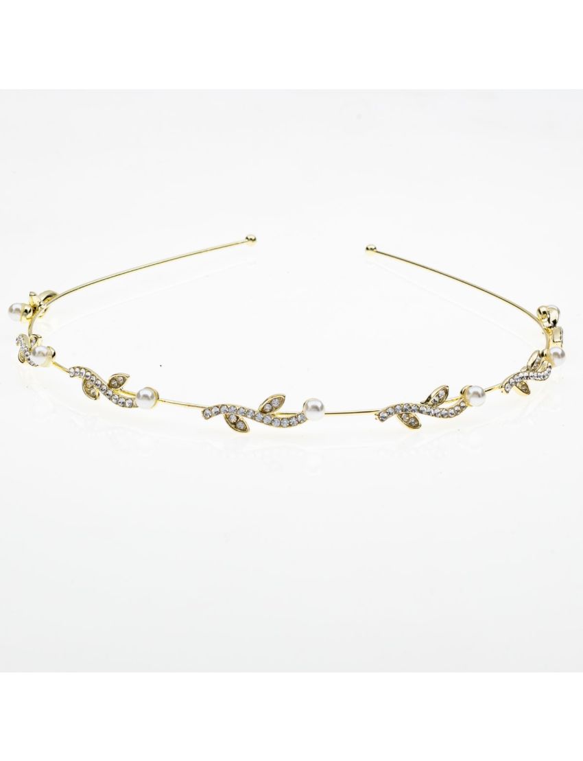 Στέκα μεταλλική νυφική σε χρυσό χρώμα διακοσμημένη με φύλλα από στράς και πέρλες