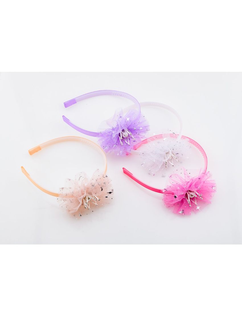 Στέκα υφασμάτινη παιδική με τούλι ασημί στέμμα και λευκή πέρλα