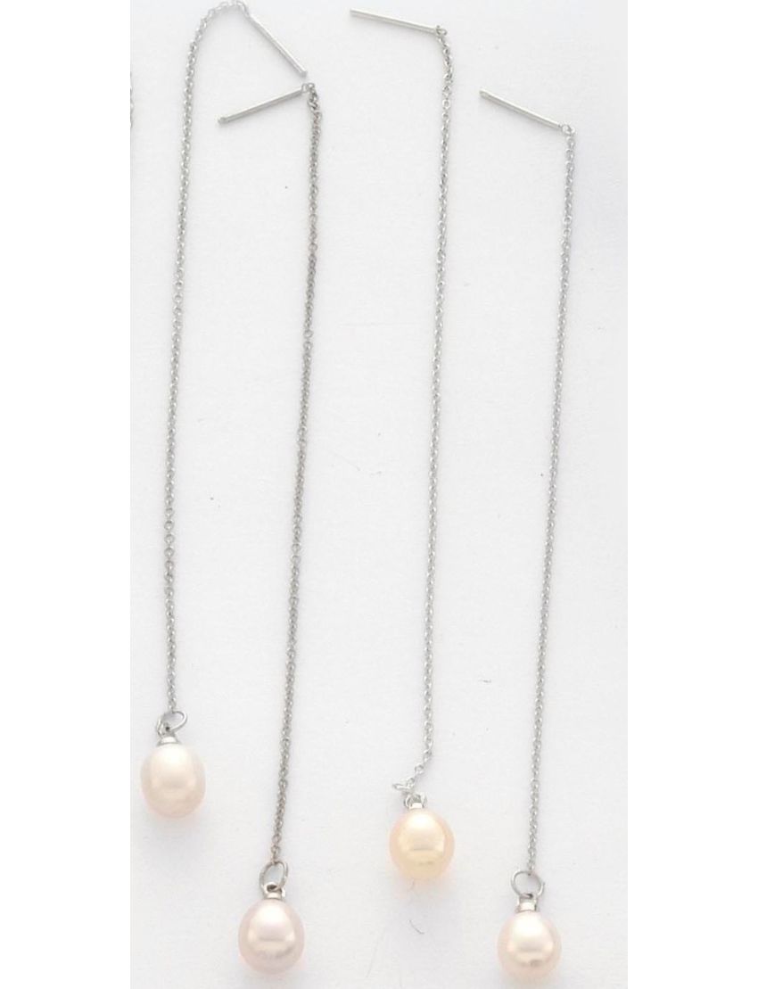 Σκουλαρίκια μεταλλική ασημί αλυσίδα διακοσμημένη με πέρλα σε δύο χρώματα