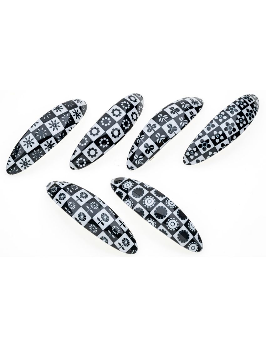 Μπαρέτα πλαστική ασπρόμαυρη 8εκ οβάλ σε 6 σχέδια με λουλούδι