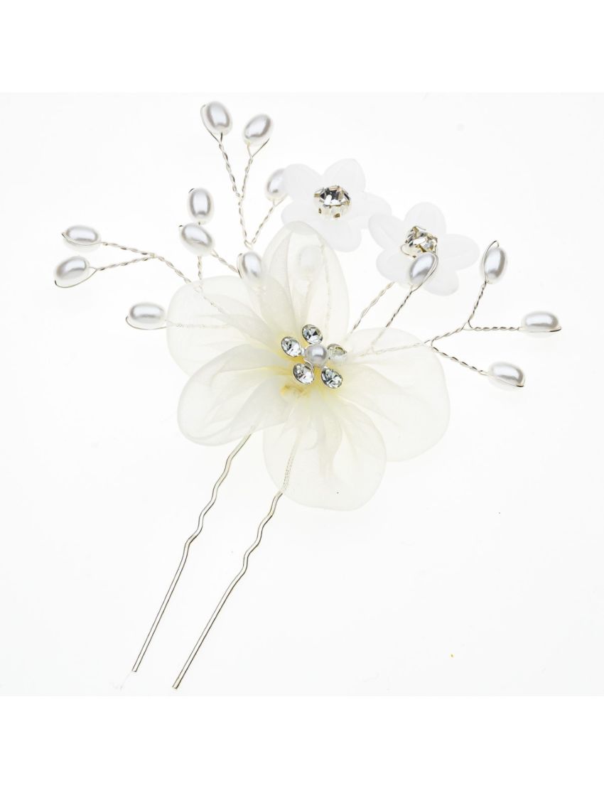 Φουρκέτα μεταλλική ασημί με μεγάλο υφασμάτινο λουλούδι, πέρλες και Swarovski