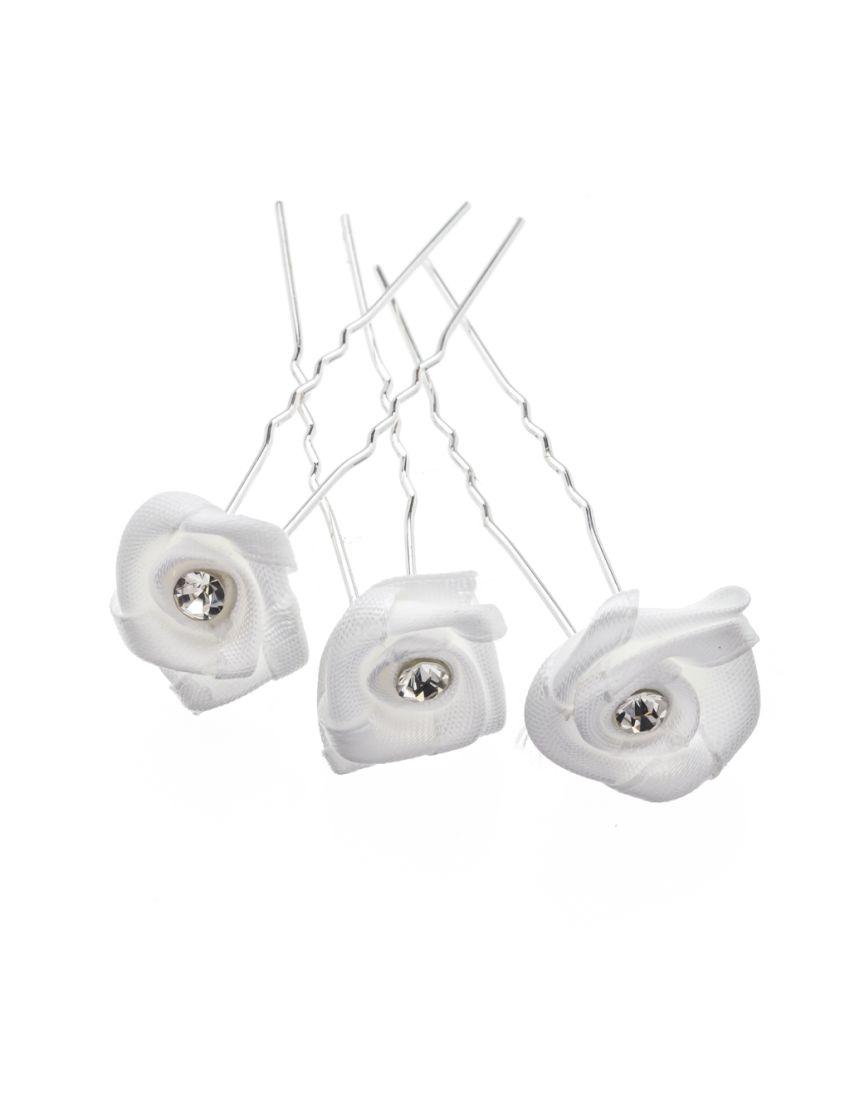 Φουρκέτα υφασμάτινη λευκό τριαντάφυλλο με στράς