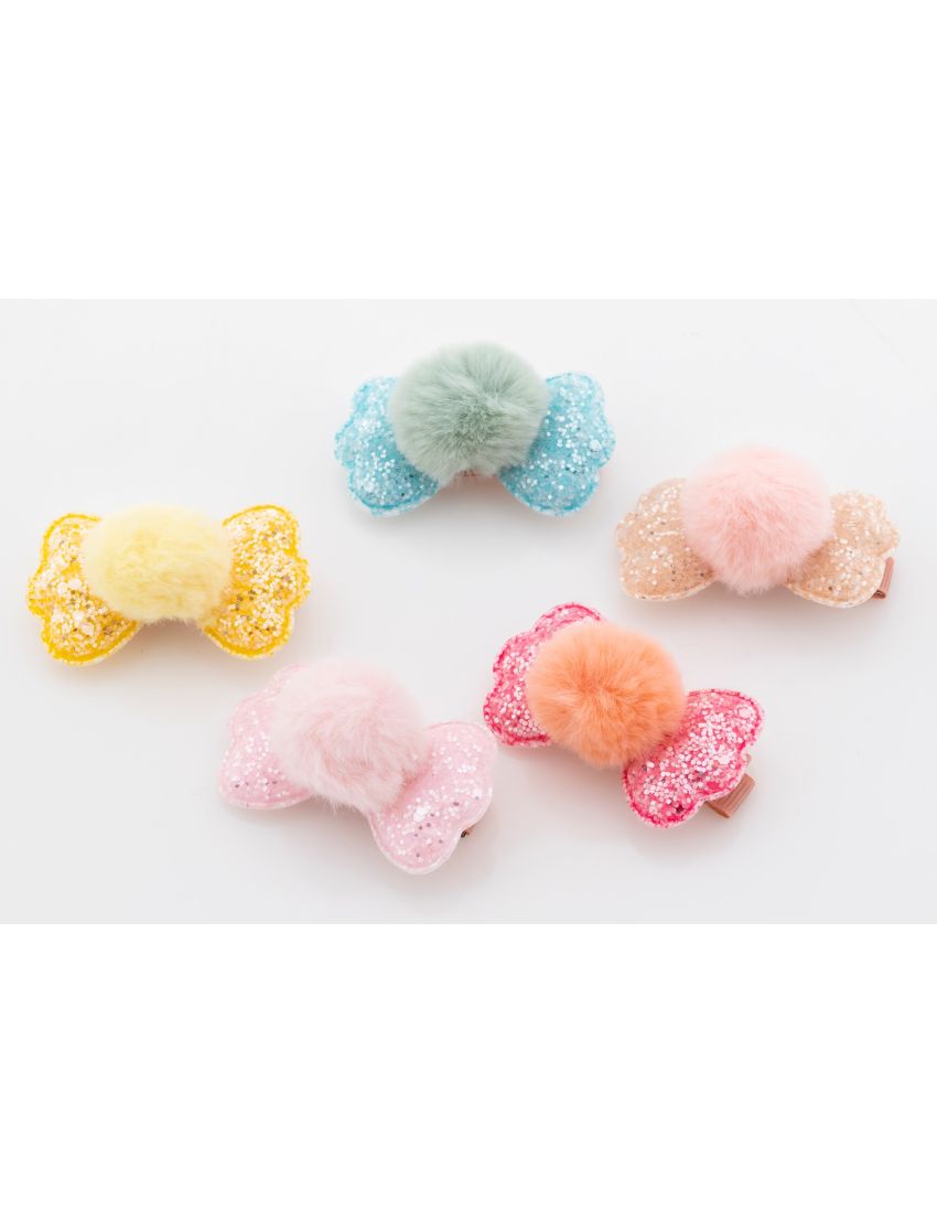 Κλίπ παιδικό υφασμάτινο με φιόγκο χρυσόσκονη και πομ πομ γούνινο (συσκευασία 2 τεμάχια)