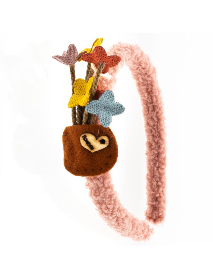 Στέκα υφασμάτινη μάλλινη παιδική σχέδιο λουλούδια με ξύλινη καρδούλα (4 χρώματα)