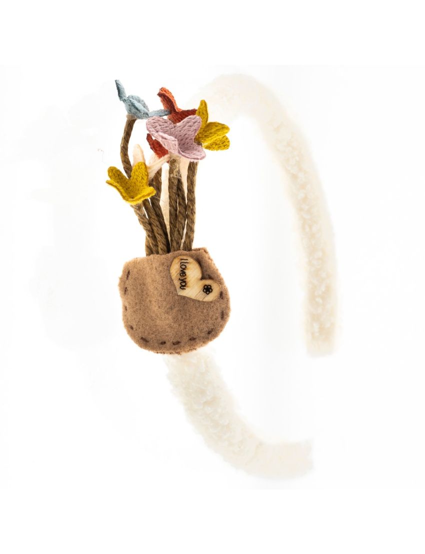 Στέκα υφασμάτινη μάλλινη παιδική σχέδιο λουλούδια με ξύλινη καρδούλα (4 χρώματα)