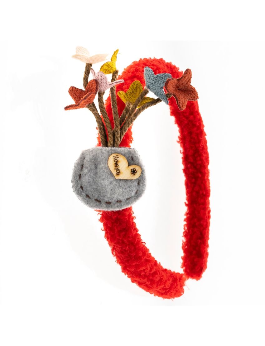 Στέκα υφασμάτινη μάλλινη παιδική σχέδιο λουλούδια με ξύλινη καρδούλα (4 χρώματα)