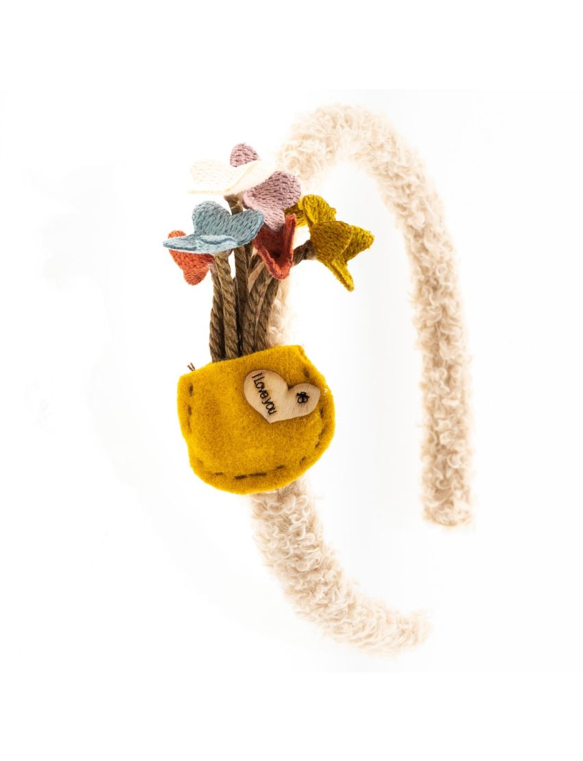 Στέκα υφασμάτινη μάλλινη παιδική σχέδιο λουλούδια με ξύλινη καρδούλα (4 χρώματα)