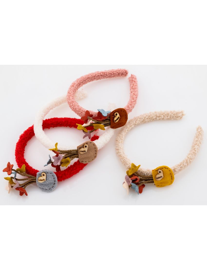 Στέκα υφασμάτινη μάλλινη παιδική σχέδιο λουλούδια με ξύλινη καρδούλα (4 χρώματα)